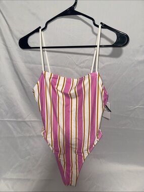 SOLID & STRIPED Pink, White & Gold Stripe One-Piece Swimsuit